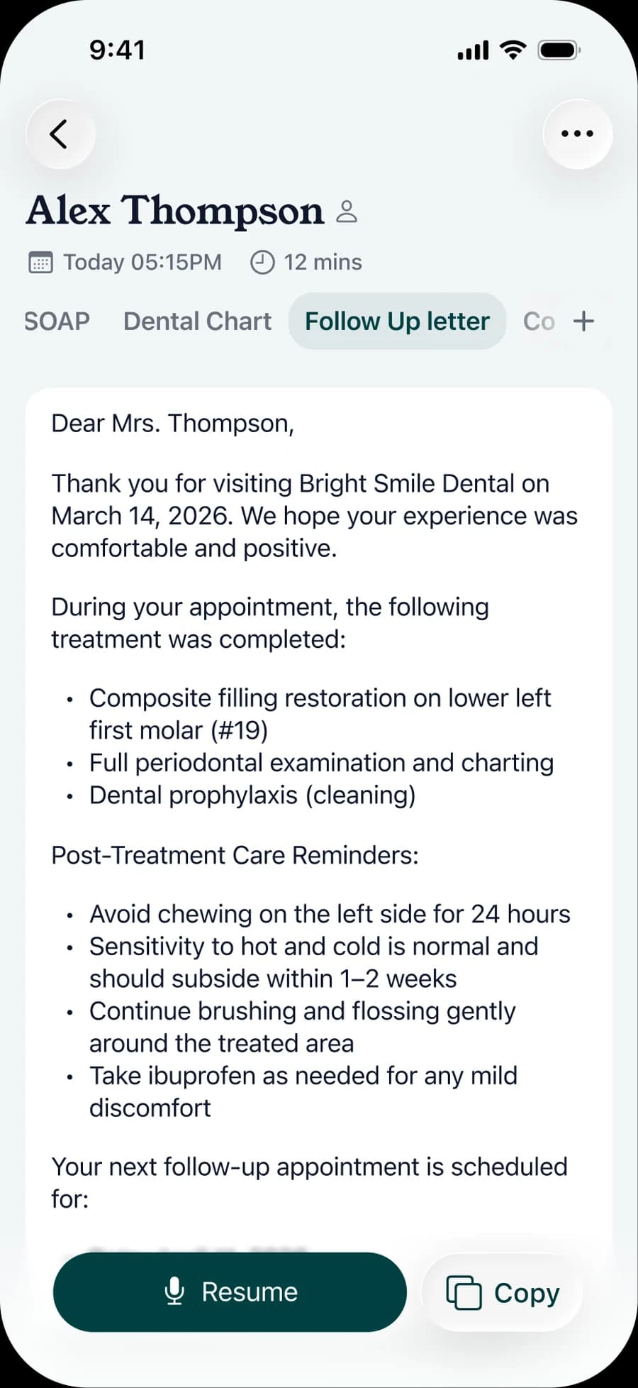 A follow-up letter drafted in Denti Note, listing the treatment completed and post-treatment care reminders.