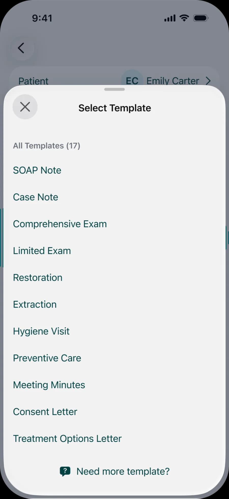 The Select Template sheet in Denti Note, listing dental note templates such as SOAP Note, Comprehensive Exam and Limited Exam.